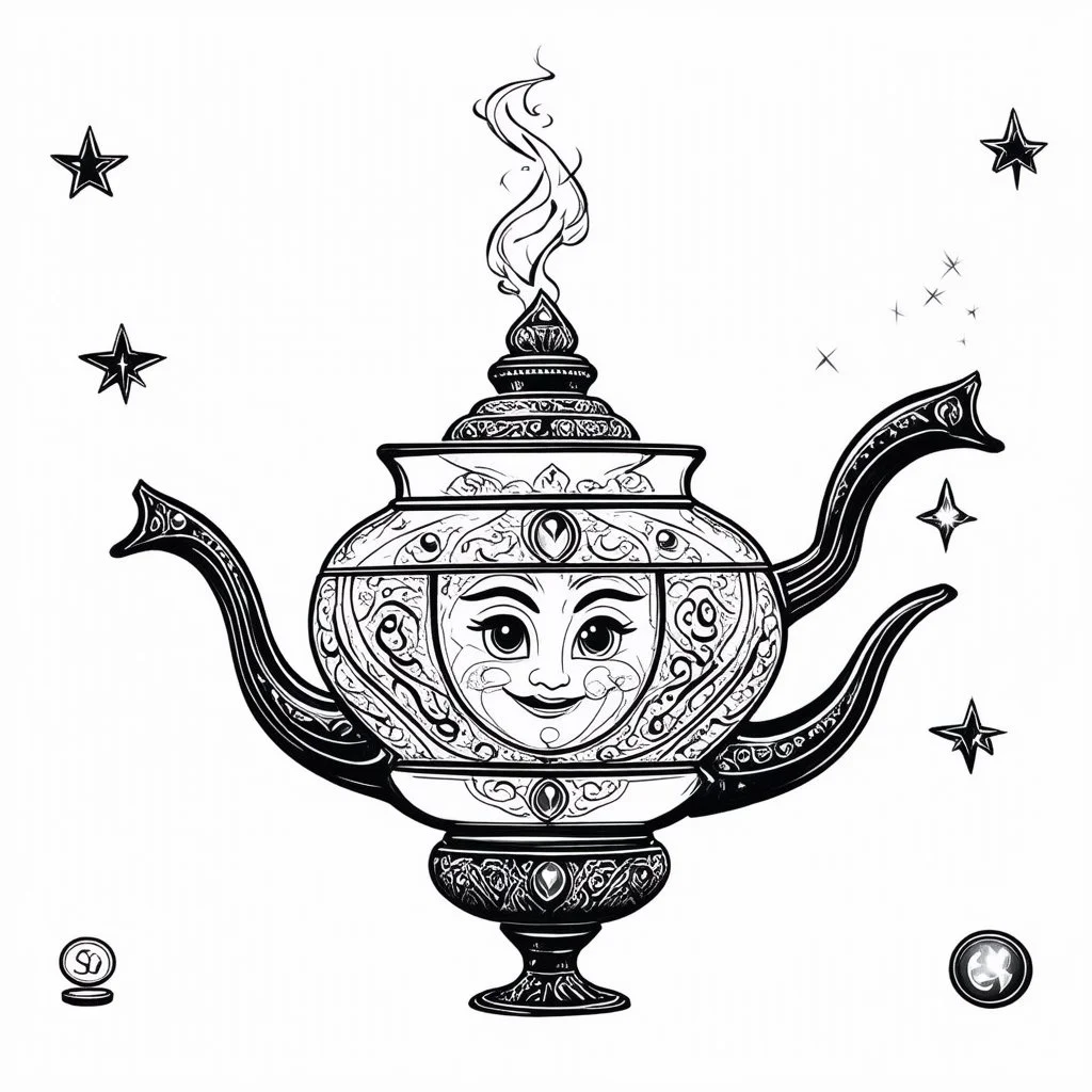 Make black and white cute drawing of a Genie Lamp with black bold lines. Only outline, no grayscale. A curvy, antique oriental arabic lamp with magical smoke swirling out. The smoke forms shapes like stars, moons, and maybe the faint outline of a genie’s face. Surround it with sparkling jewels and coins.