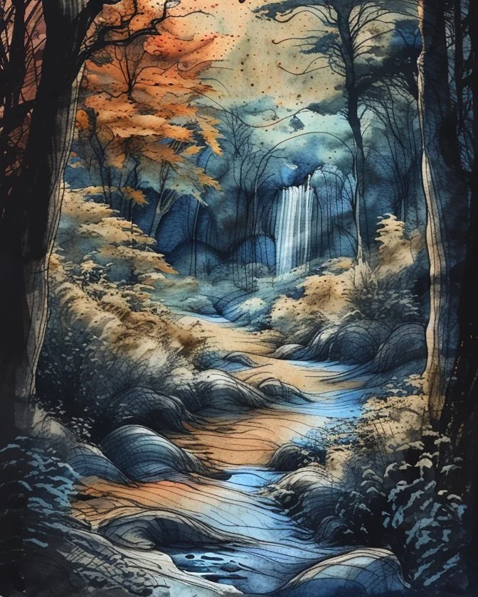 Perchance : Surreal, expressive nature sketch in a relaxed watercolor and ink style. Fast, shaky black ink contour lines with frequent breaks, intersections, and varying thickness. Watercolor washes of ochre, terracotta and powder blue are loosely applied, often deliberately misaligned with ink borders to create a sense of movement. Visible cold pressed paper texture and ample white space. Subject: forest detail, trees, undergrowth, stream with rocks, waterfall. Deep, atmospheric shadows in the