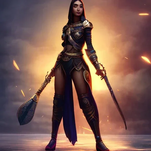 Full body, fantasy setting, heroic fantasy, woman, dark skin, Indian, 20 years old, half-hawk haircut, magician, warrior, hourglass body shape, bicolor hair, muscular, cinematic, Arabian clothes