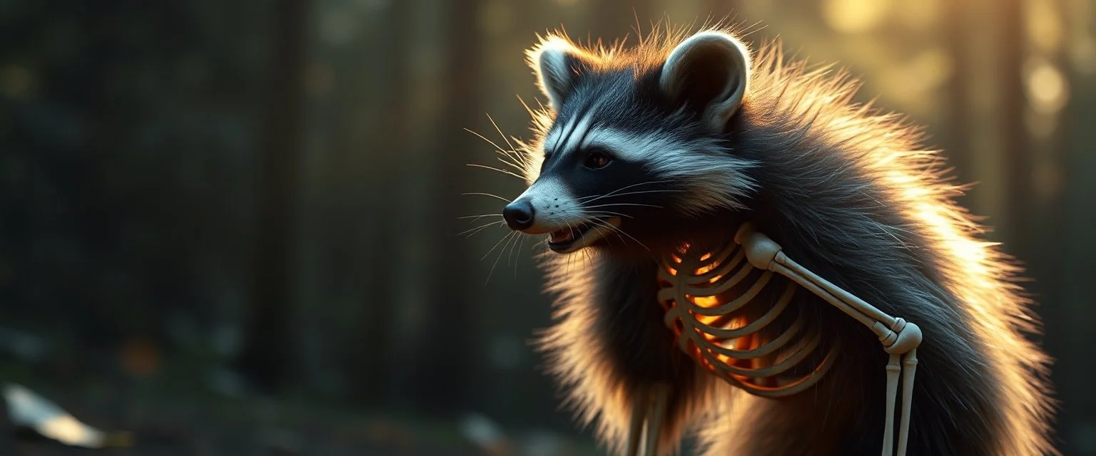 radiant raccoon thick Skeleton with lotsa fluffy fur, motion blur background dark forest