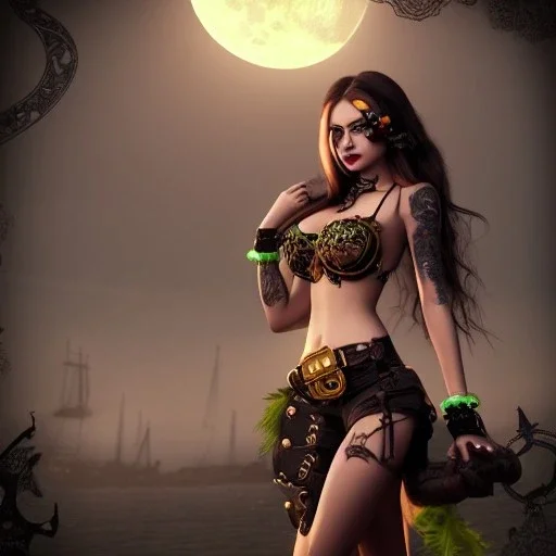 hyper realistic, beautiful girl, short black air, green eyes, with owl tatoo, dressed a steampunk pirate, bra with carved leather, Pirate Ships in background. high details, big cartoonic moon. 4k, unreal engine, moon light, fog