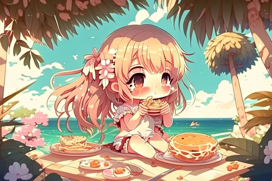 cute chibi girl eating in the paradise