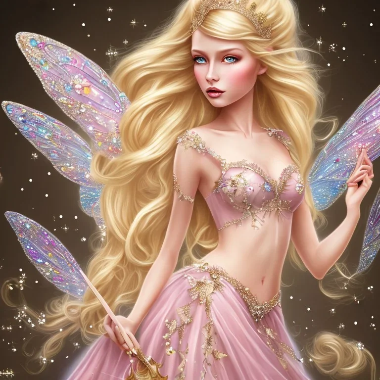 blond beautiful princess fairy with sparkle dress with pink castle background