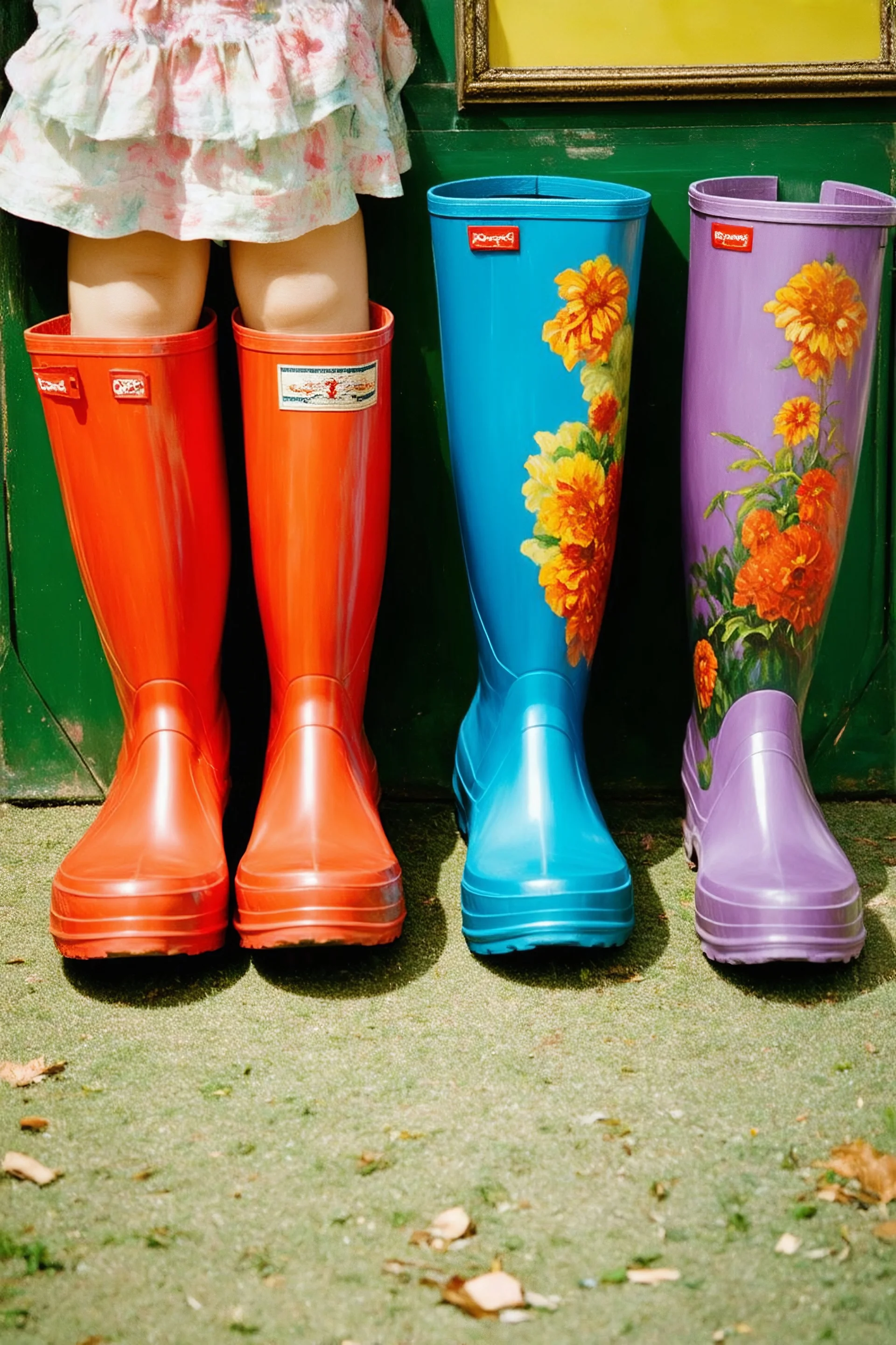 Plastic rain boots with a painting on them, old autochrome