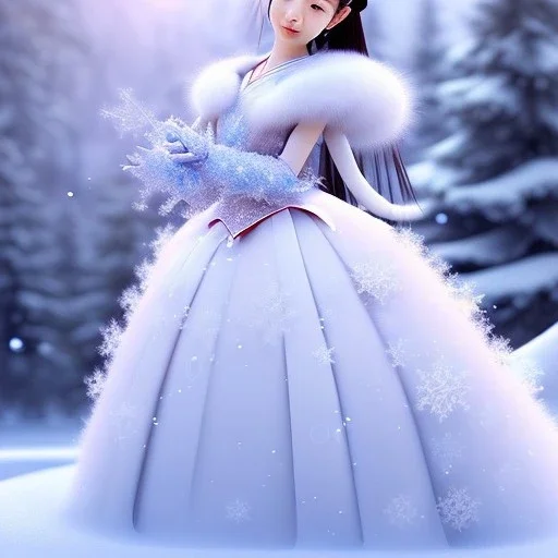 smooth hyper realistic, beautiful Japanese snow flower in crown, pale colors, dark cosmos background, cat еye, extremely sharp detail, finely tuned detail, ultra high definition, 8 k, unreal engine 5, ultra sharp focus, accurate sword wings, positive smile, lot of details, fit within portrait, Ambiance winter, perfect composition, perfect hair, perfect hands, finger up gestures