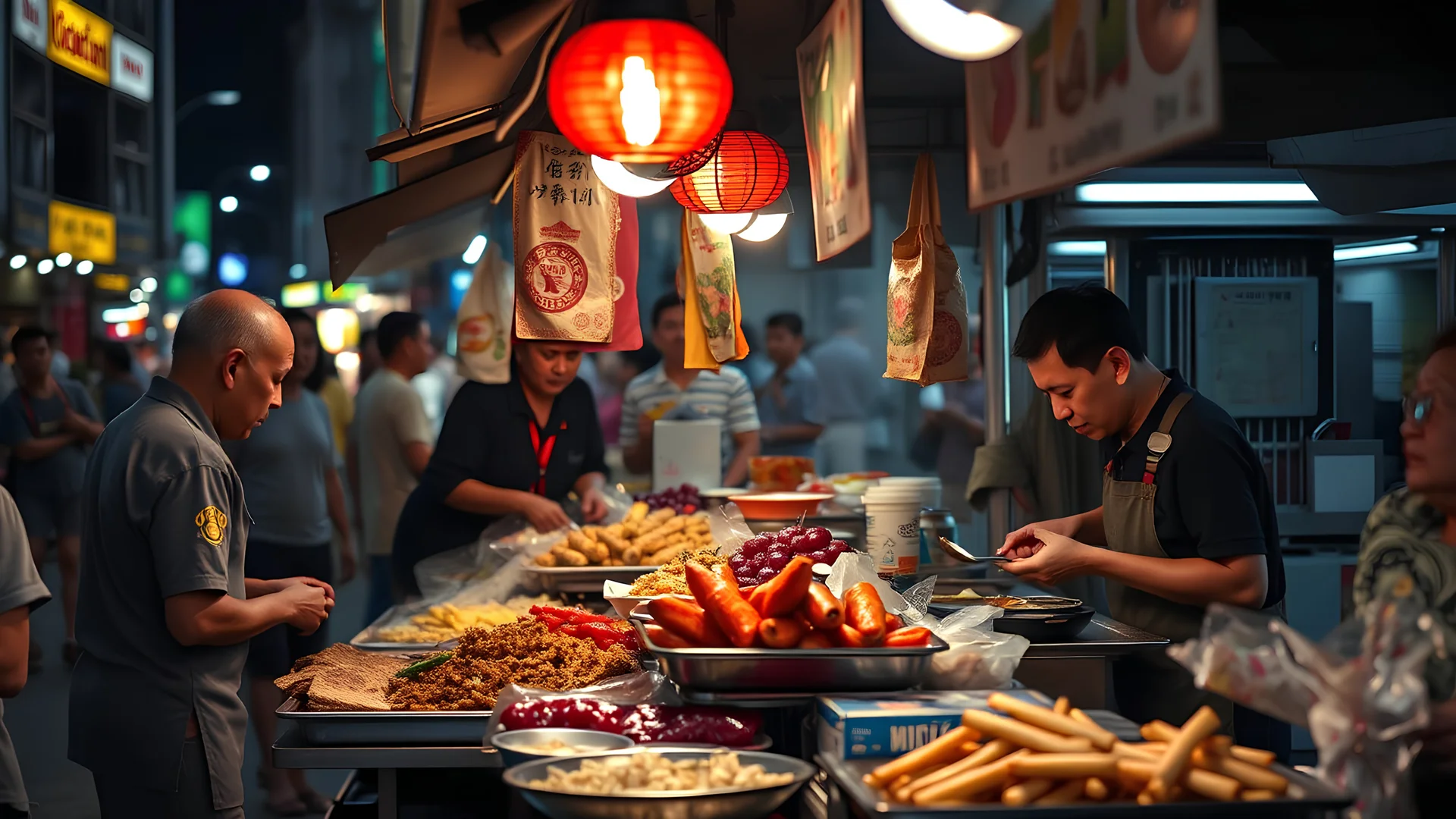 street food in Kuala Lumpur at night, eating stalls, eclectic mix of oriental food, award-winning colour photograph, beautiful composition, exquisite detail, Nikon 135mm