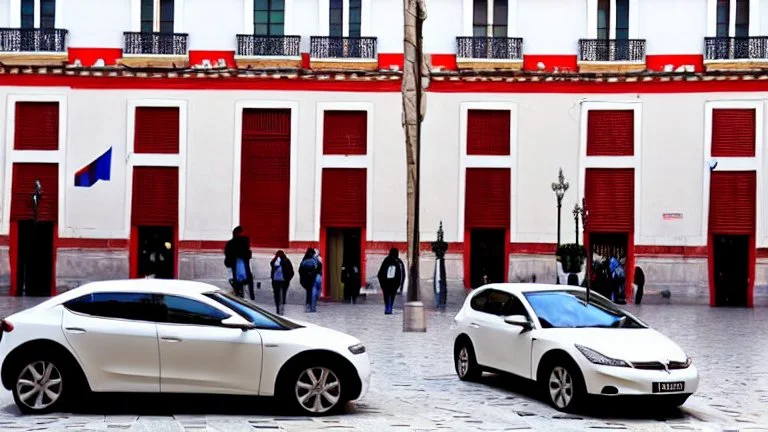 A Tesla's 'Model S Plaid' is doing donuts, at the 'Plaza de la Constitución', in the city of Mexico. CINEMATIC. WIDE ANGLE LENS. PHOTO REAL.