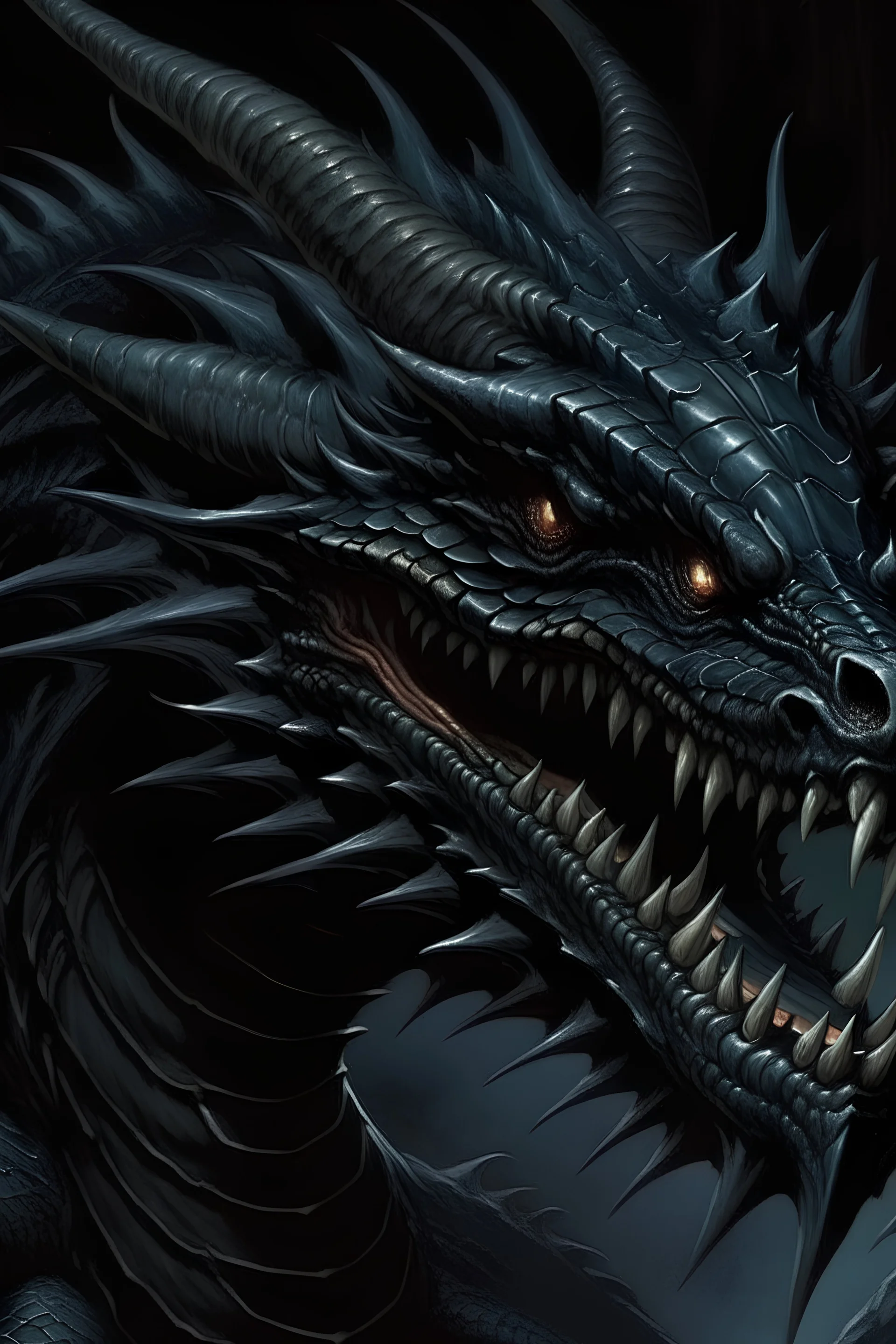 90s dark fantasy art, illustration of a black dragon