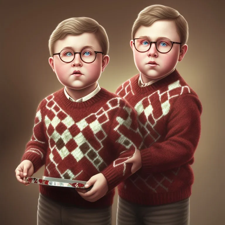 solo peter billingsley is a chubby kid with glasses all by himself, gripping a single Dark red soap bar, ((brown))argyle sweater,