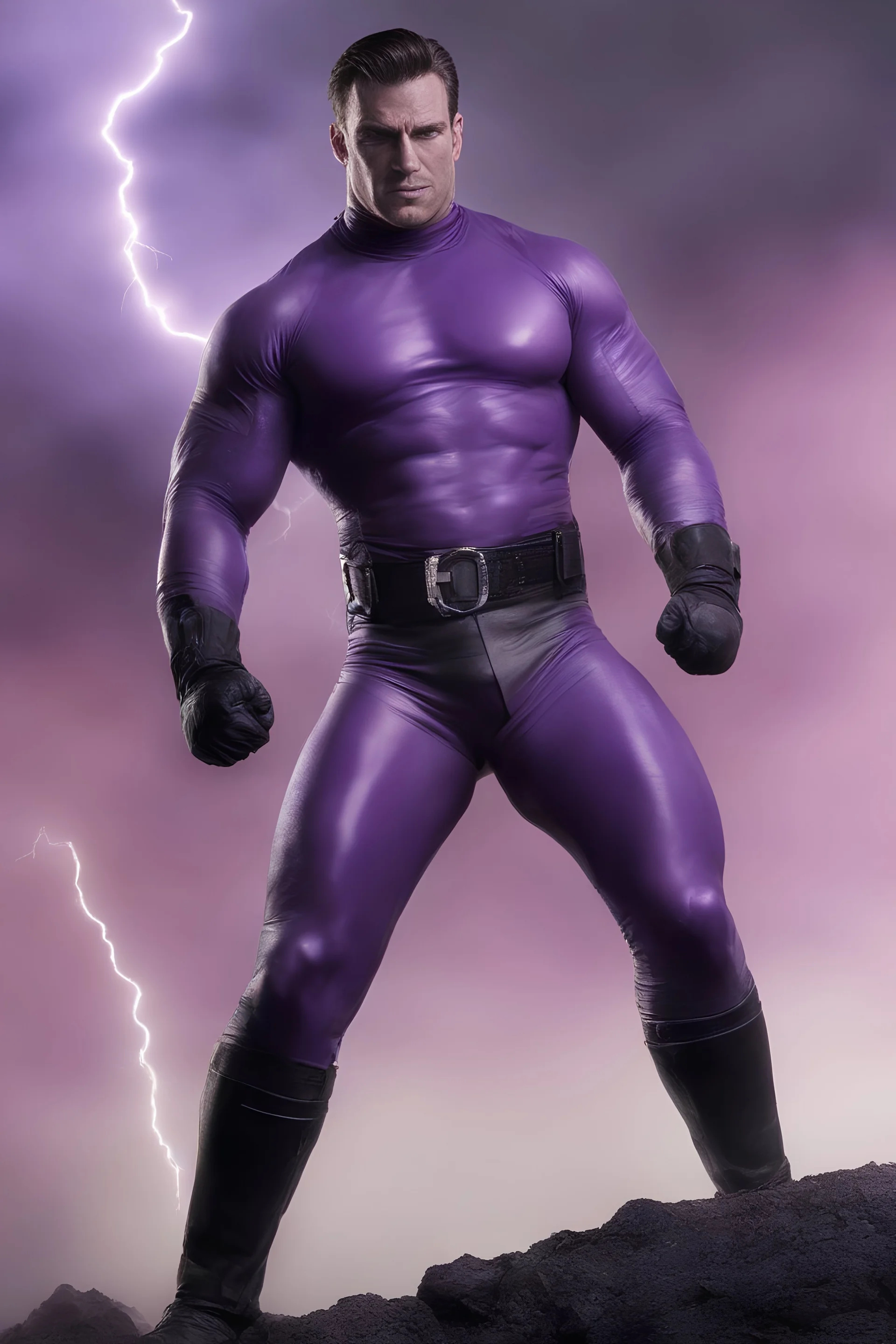 Kent Walker aka THE PHANTOM, Strong, athletic physique, Flexing poses, skin-tight, formfitting purple nylon-leather bodysuit, skin-tight, formfitting purple cowl, black utility belt, double holstered pistol belt, black knee-high boots, glowing white eyes, battle scars, blood, ((foggy, cloudy background, multicolored lightning, flowing lava, Full Eclipse, aliens, explosions, bright, vibrant, extremely colorful, detailed, blood red skies))