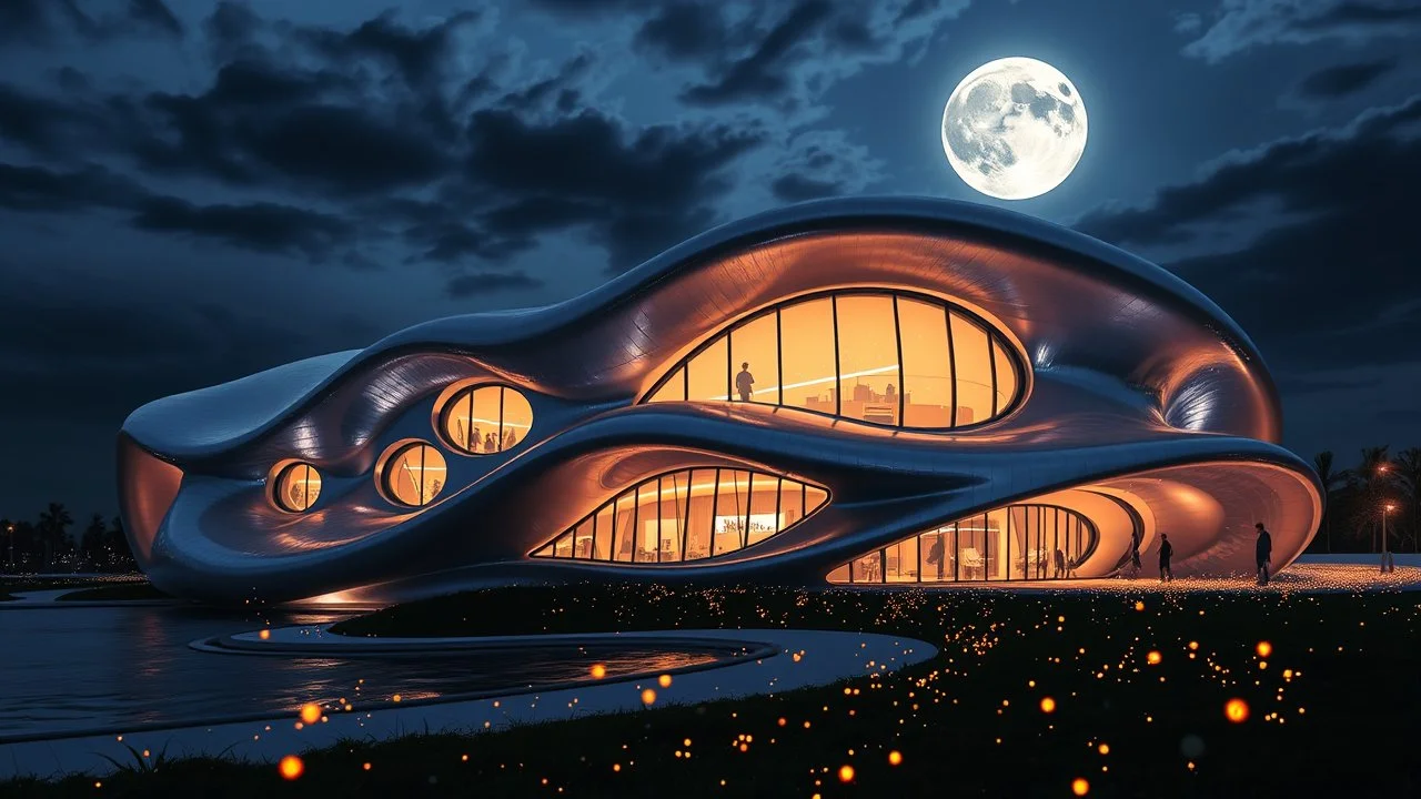 A futuristic building at night inspired by the fluidity of ocean waves, with undulating, curved walls made of shimmering, iridescent, semi-transparent materials. The structure has large, oval windows that reflect the moonlight and the night sky. Lights inside the building make it come alive. Fireflies in the surrounding space punctuate the darkness. Award-winning photograph, beautiful composition, joyful appearance, sensational design