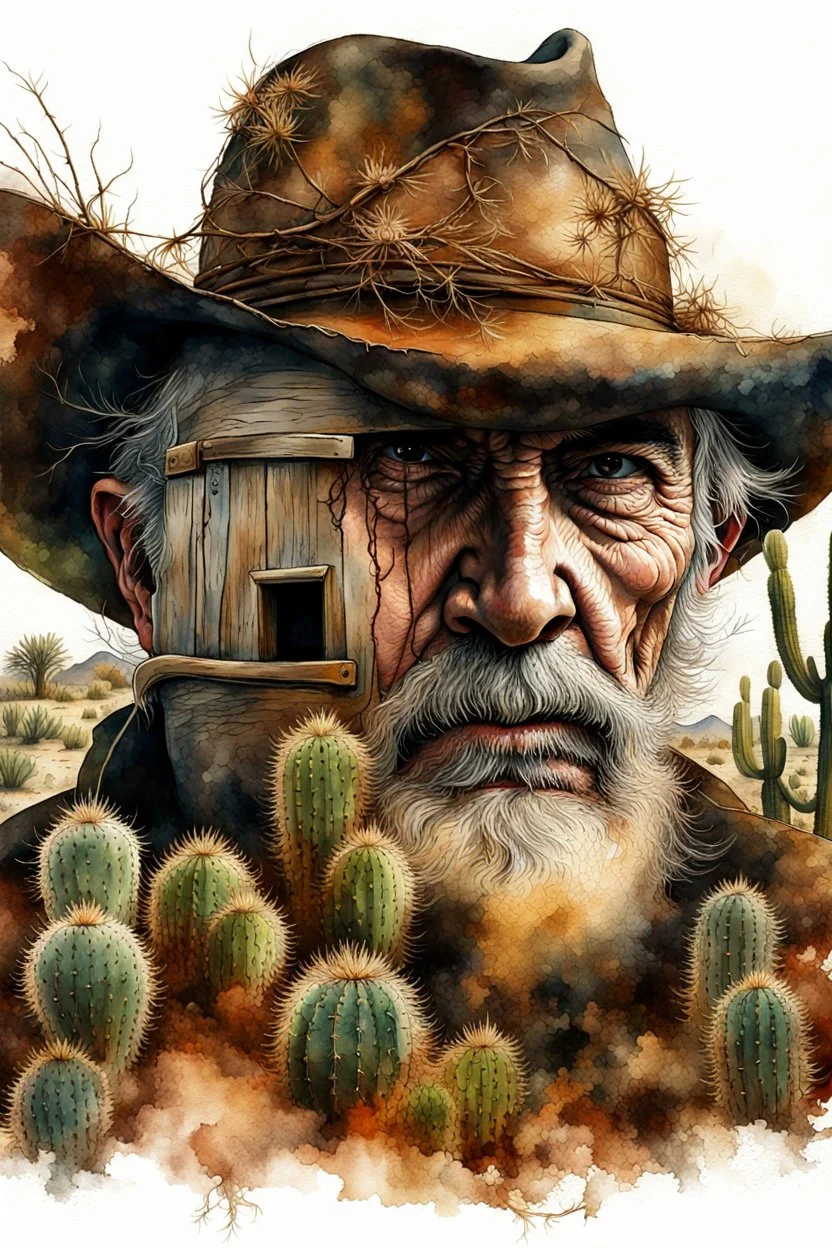 The old Cowboy of the Desert, double exposure cowboy face formed by a old weatheredmud hut with cactus and tumbleweeds around it, watercolor by Jean-Baptiste Monge and Yossi Kotler, Modifiers: sharp focus extremely detailed intricate oil on canvas portrait hyperrealistic high definition crisp quality