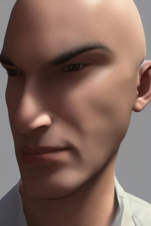 handsome man, portrait, profile, person of colour, bald, clean shaven, photo real, highly detailed, high contrast, extremely sharp detail, unreal engine 5