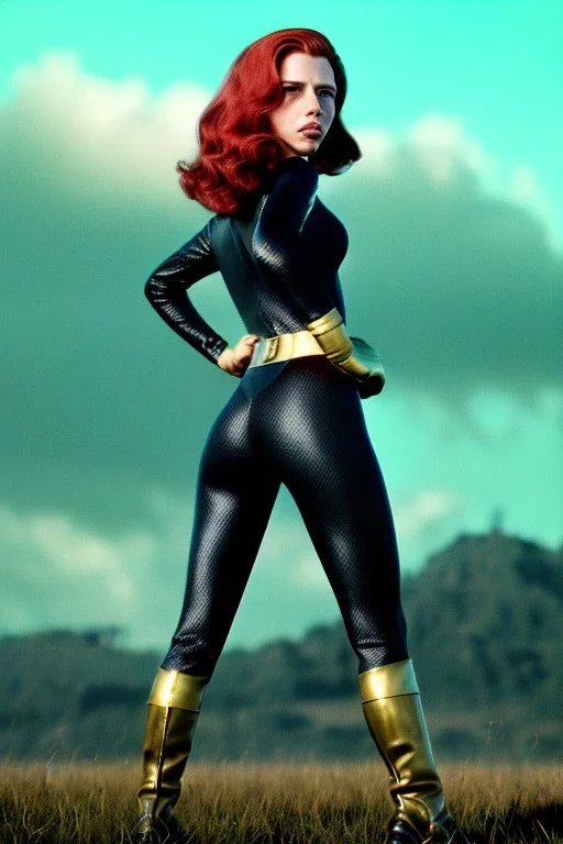 retro portrait image from 1960, sky background, wind, long red hair, fighting stance, sweet young Scarlett Johansson, black dress, classic long tight lycra black suit, gold bracelet and belt, high heel boots, superhero style, soft color, highly detailed, unreal engine 5, ray tracing, RTX, lumen lighting, ultra detail, volumetric lighting, 3d, finely drawn, high definition, high resolution.