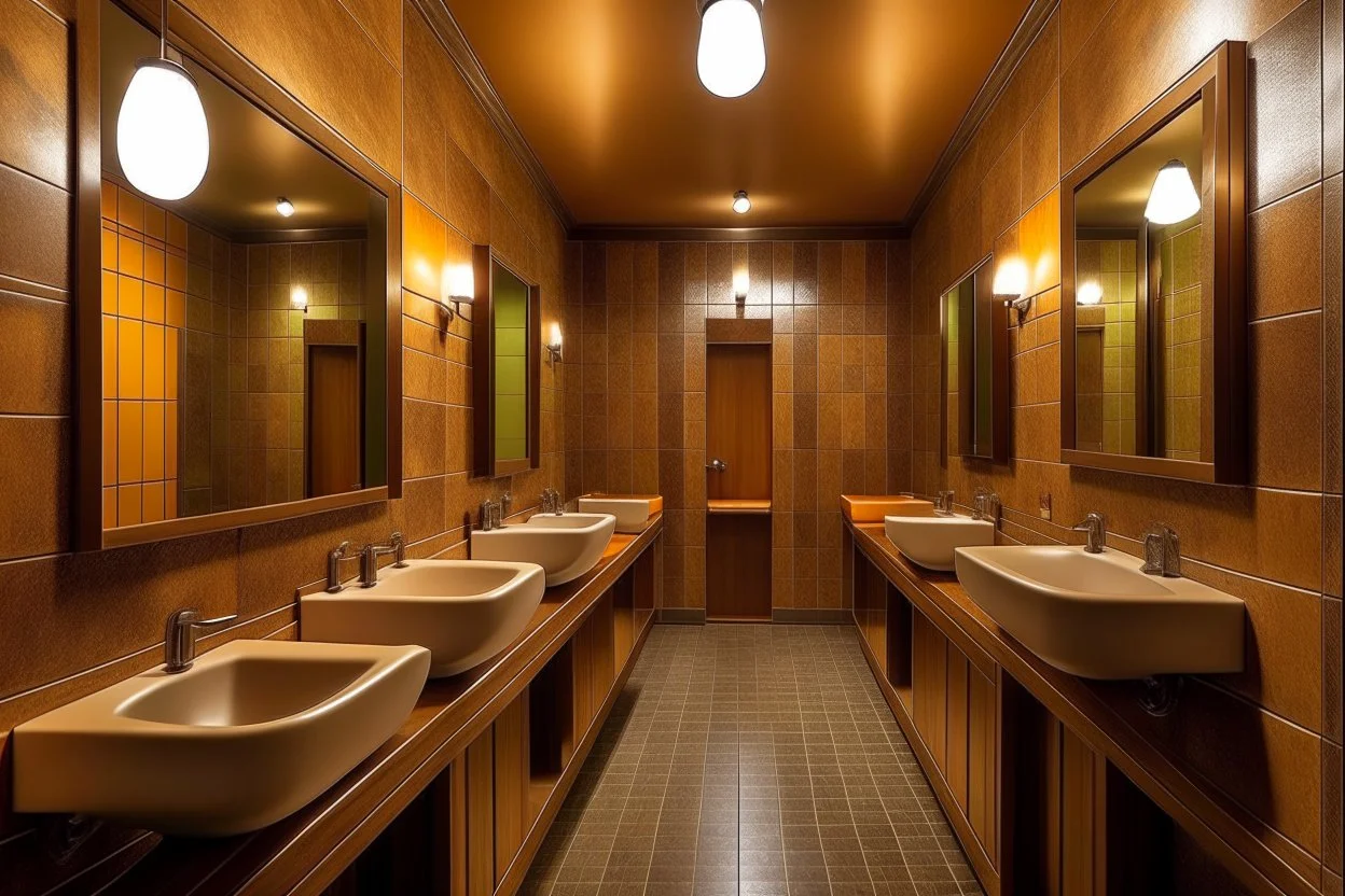 Pictures of a group of bathrooms in Mathaf Restaurant. The walls and floors are brown in shades, the sinks are on one wall, and the toilet doors are opposite the sinks.