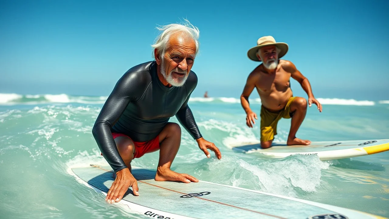 Elderly pensioners on surfboards. Photographic quality and detail, award-winning image, beautiful composition, 35mm lens.