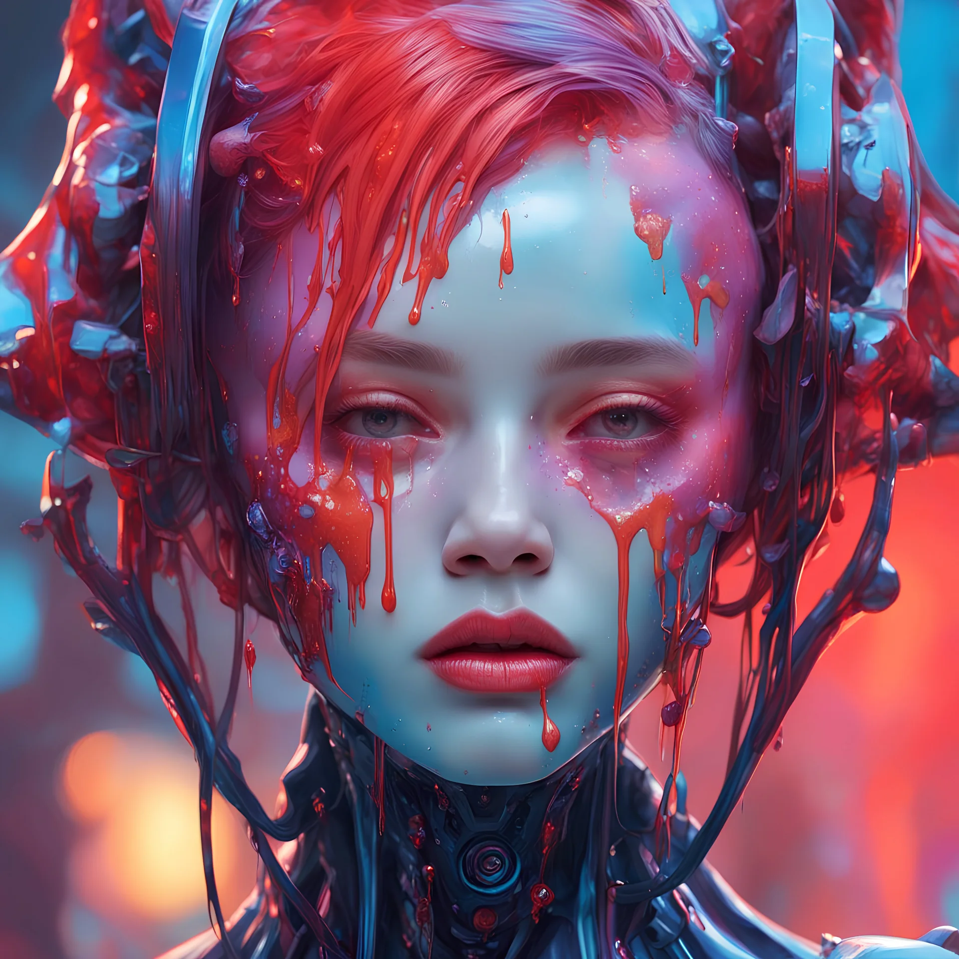 a close up of a person with paint on their face, cyberpunk art, inspired by Yanjun Cheng, digital art, futuristic glossy latex suit, in the art style of filip hodas, portrait of a female android, james jean and wlop, the mekanik doll, dripping skin, rendered in redshift, jingna zhang, detailed face of an android, shot with Sony Alpha a9 Il and Sony FE 200-600mm f/5.6-6.3 G OSS lens, natural ligh, hyper realistic photograph, ultra detailed -ar 1:1 —q 2 -s 750)