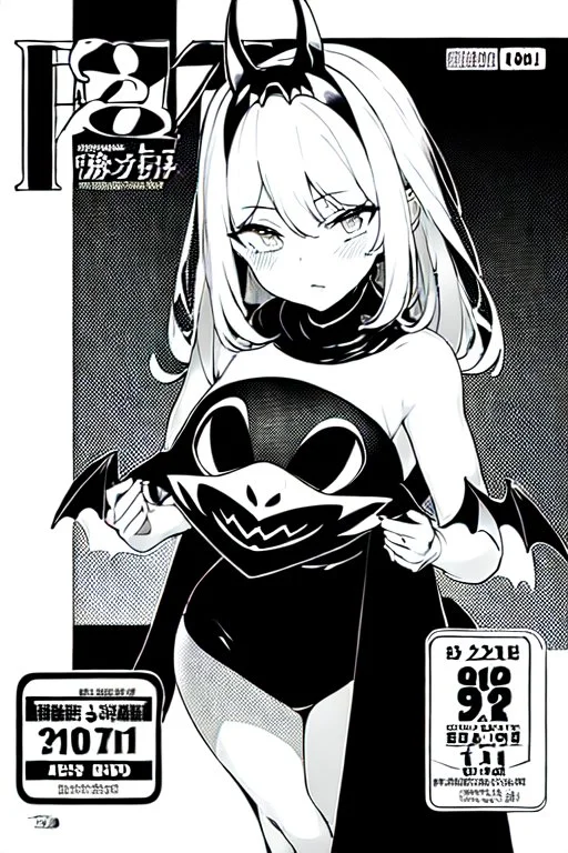 girl with demon mask in the middle of the room, line arts, manga cover, greyscale