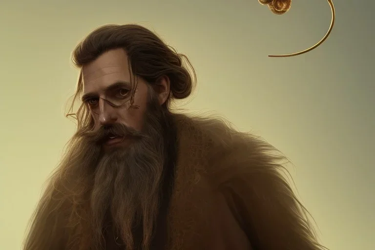 Boisterous braided long haired bearded tall man wearing gold rings and long fur trimmed merchant's coat, dark background, dynamic lighting, full body character design, golden glowing eyes, medieval fantasy