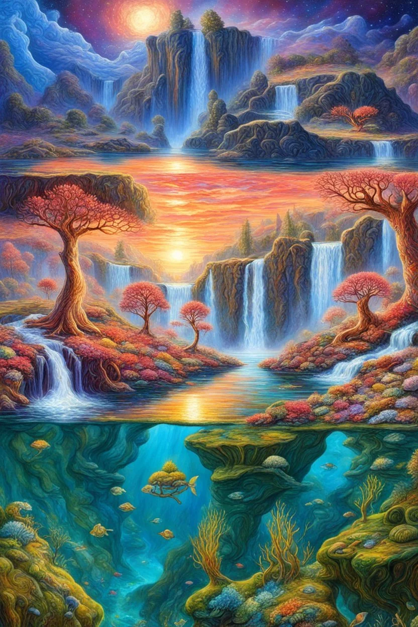 An Trees, waterfalls, and imaginative landscapes. Underwater lake fish. Coral. The sky is decorated with stars and sky waterfalls fantasy, perfect anatomy, fantasy, vibrant digital art professional award winning masterpiece, oil on canvas Atmospheric extremely detailed Josephine Wall