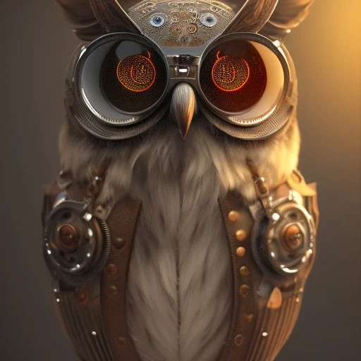 Steampunk Owl, extreme detail, Photorealism, macro lens 70mm,bokeh, cinema4d, HDR, 8k, unreal engine 5