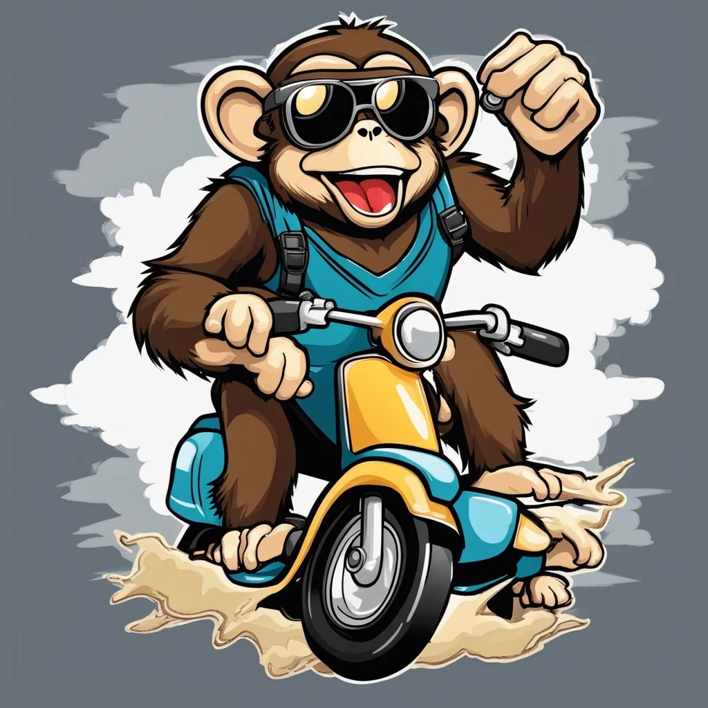 Monkey riding on a scooter making a wheelie with sunglasses on, cartoonize