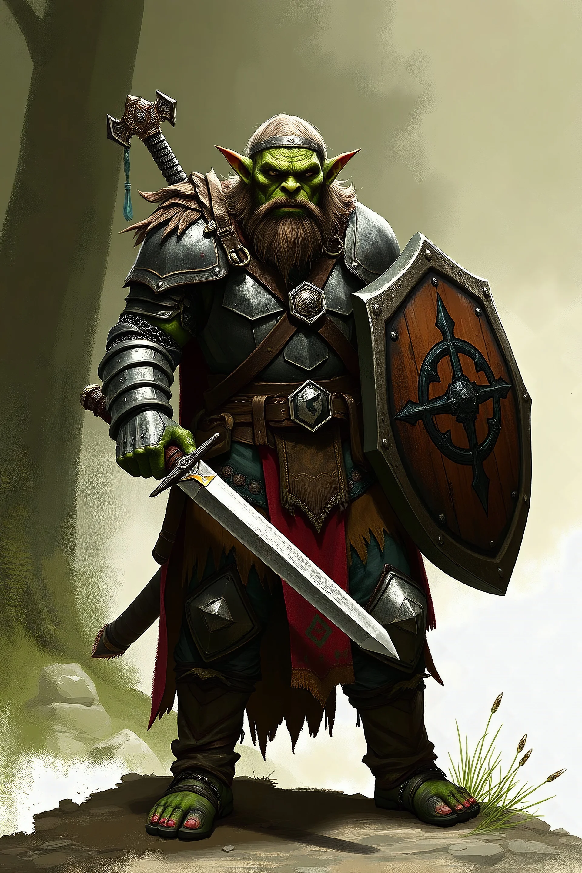 Orc nature paladin in chainmail with sword and shield