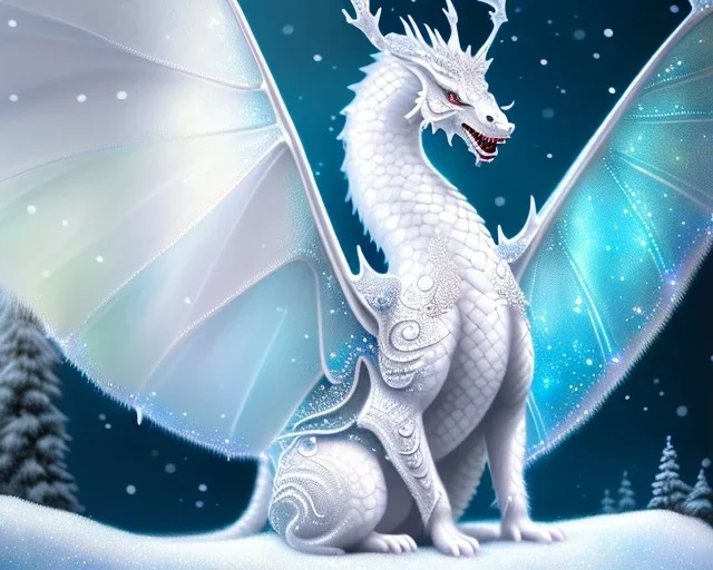 mdjrny-v4 style, a white dragon with fairy-like transparent glowing and sparkly wings standing in snow, full body, silver and teal background, glowing soft and smooth wings, realistic, highly detailed intricately detailed, shiny snowy background, soft studio lighting, trending on artstation, by artist "Julie Bell", by artist "Greg Rutkowski"