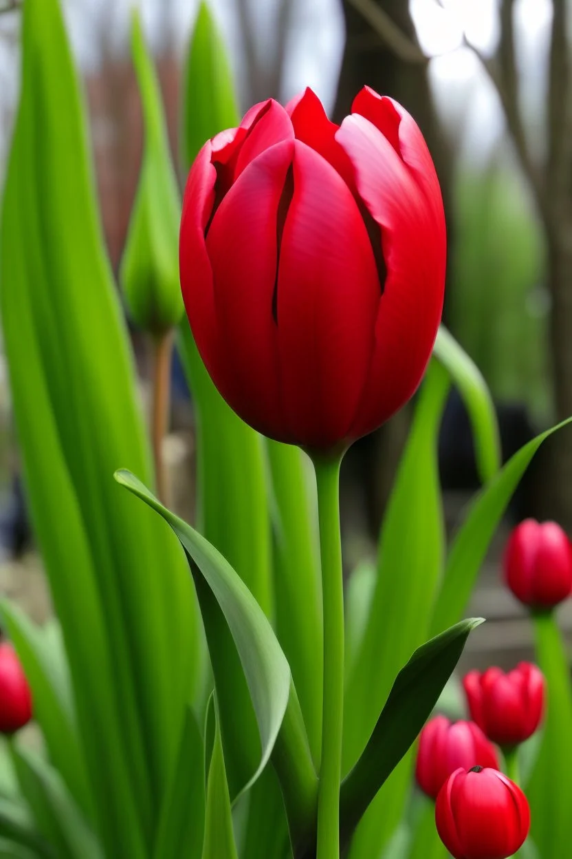 A large red tulip with several branches of a small red tulip