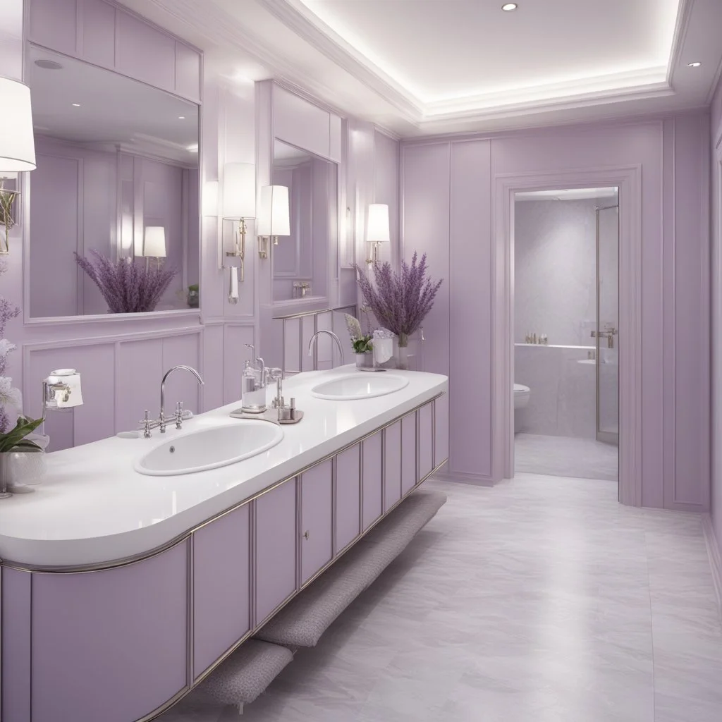 hotel bathroom, modern classic style, lavender colors, 3d