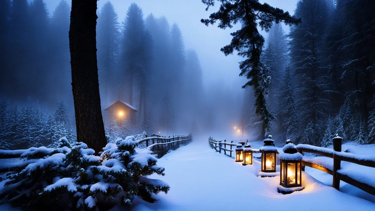 fir forrest scenery, heavy mist,mist shadows,valley,creek,forest,christmas lanterns,tree,,nature,night,snow,fir tree,high-quality photograph