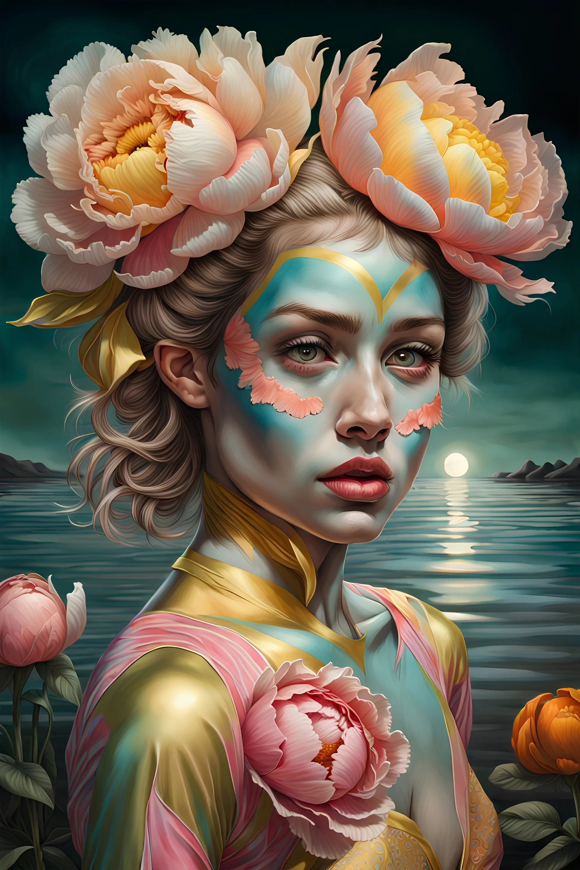 PHOTOREALISTIC PORTRAIT OF A GIRL of Cirque dU soleil, WALKING ON THE SHORE AT THE MOONLIGHT, AND EMBRACING PINK YELLOW PEONIES, VIVID METALLIC colors: torquoise, pale salmon, persimmon, grey-green , pale lemon yellow, greenish gold, metallic bronze. ULTRA detailed; CORRECT anatomy, FACE and eyes, HIGH RESOLUTION AND DETAILS, HIGH DEFINITION, STYLE BY RAFFAELLO, MICHELANGELO, KAROL BAK, ANDY WARHOL, Anna Dittmann