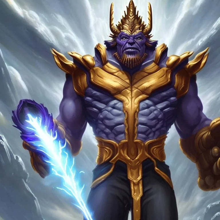 A creature with a combination of eagle and human head God-like man with infinite power who owns the galaxies and wears a beautiful crown with thanos Infinity Gauntlet