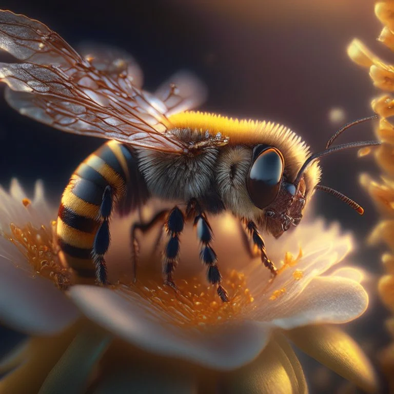 close-up macro photography of a beautiful honey bee on nice flower, centered, ultra realistic, artstation, unreal engine 5, octane render , close up portrait photo by Annie Leibovitz, film, studio lighting, detailed skin