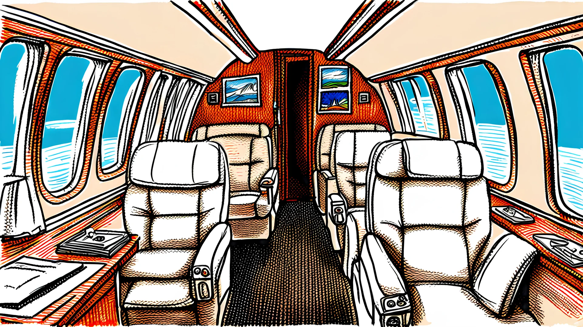 inside private jet, drawn with crayons