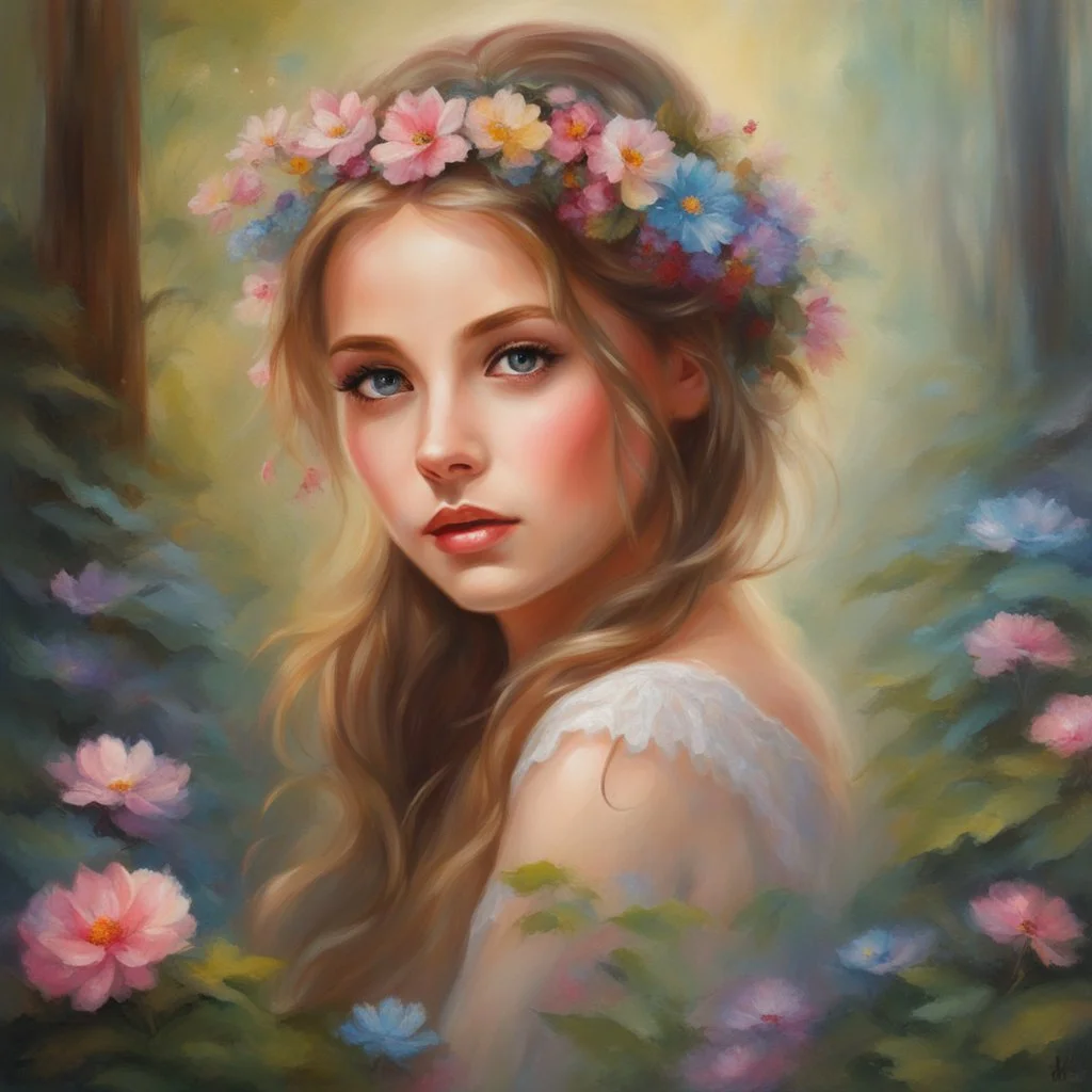 Oil painting of a beautiful girl, fantasy, dream, forest, glitter background, beautiful, oil painting, fantasy art, fairy, young girl, beautiful portrait painting, flowers, colorful, inspired by Thomas Kinkade, fine art, 8k