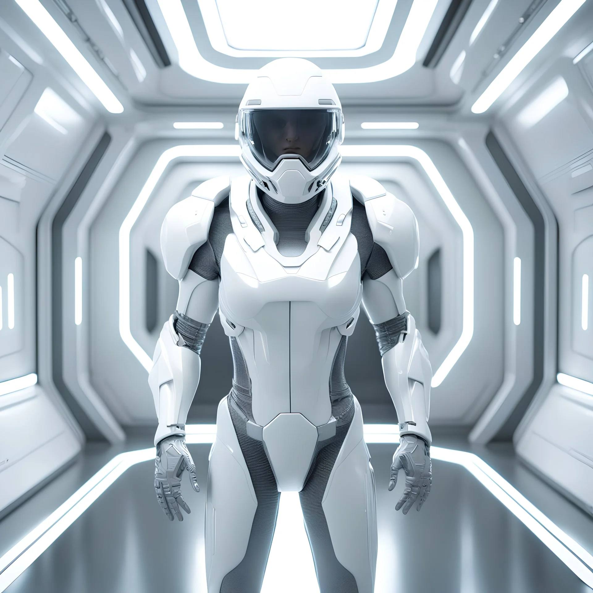 Hyper realistic glossy cyborg cybernetic pilot inside a white and grey futuristic spaceship surrounded by white glossy minimalist walls control panels in the white background in the style of Laura Greenan, white color scheme in the style of 3D, octane render, 8k, ray-tracing, blender, hyper-detailed