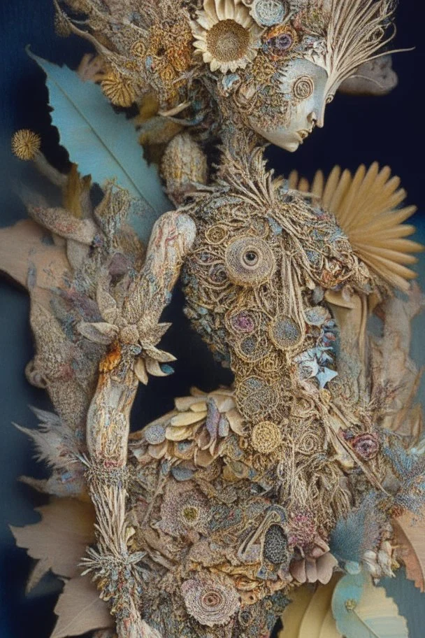 'Doll Parts" depicts a statue at Burning Man consisting of mismatched doll parts decorated with intricately detailed quilling consisting of flowers, foliage, feathers, shells, fossils, wood, pinecones, and gemstones; surrealism; Salvador Dali; Mixed media, quilling, rapturous, award-winning, intricate, insanely detailed, elegant, fantasy