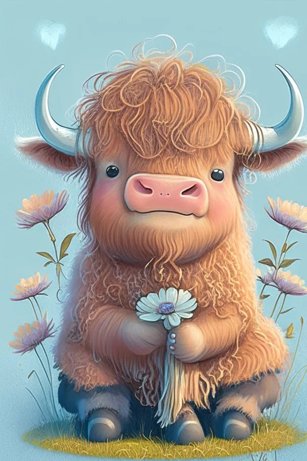 Adorable cute happy baby scottish highland cow with dreamy eyes, sitting down and holding a flower, nursery art, very rendered polished Perfect, smooth edges, flawless Facial Features, Stunning, Whimsical Fantasy, Cute, Highly Detailed, Well Rendered, cartoon, illustration