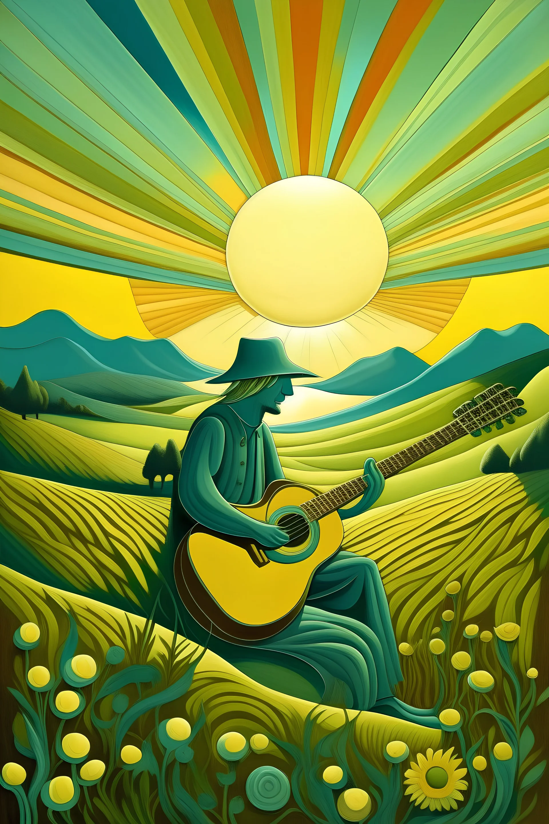 campos con captus, mèdanos, montañas y sol , hombre con guitarra, estilo surrealista