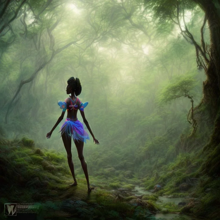 blue ridge mountains environment, fairy novel character, portrait, vibrant colors in the style of athletic african princess, colorful volumetric reflective lighting effects, beautiful spirit ultra detailed, Intricate concept character design is walking through the dark forest woods