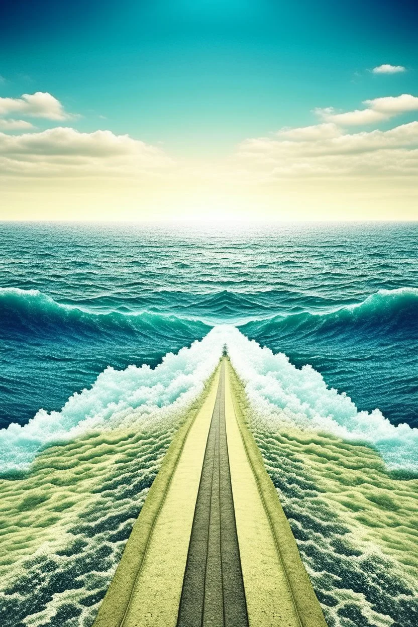 The ocean is divided into two and the infinite road appears. On both sides of the road, the sea water flows backwards like a waterfall.