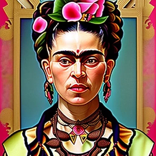 A beautiful portrait of Frida Kahlo by alphonse mucha, japanese tatoos, 4k, high details