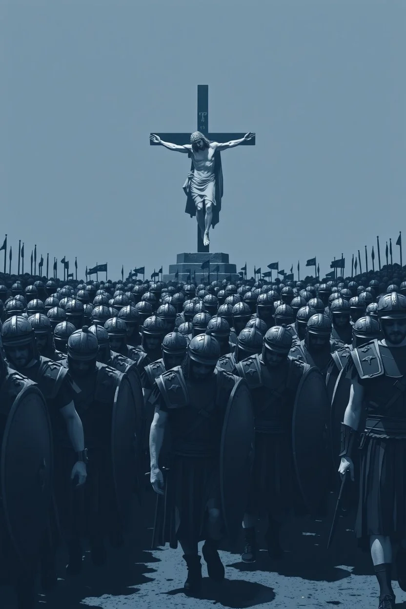 "A conceptual black-and- dark blue, digital illustration of a massive roman warriors walking in the same direction, heads down, symbolizing conformity. Jesus on the cross in the background, The atmosphere feels lifeless and repetitive, emphasizing the ordinary mindset of the majority."