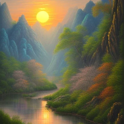 uma paisagem chinesa com rios e arvores, por do sol ao fundo, desenho a lapis, tons pastel