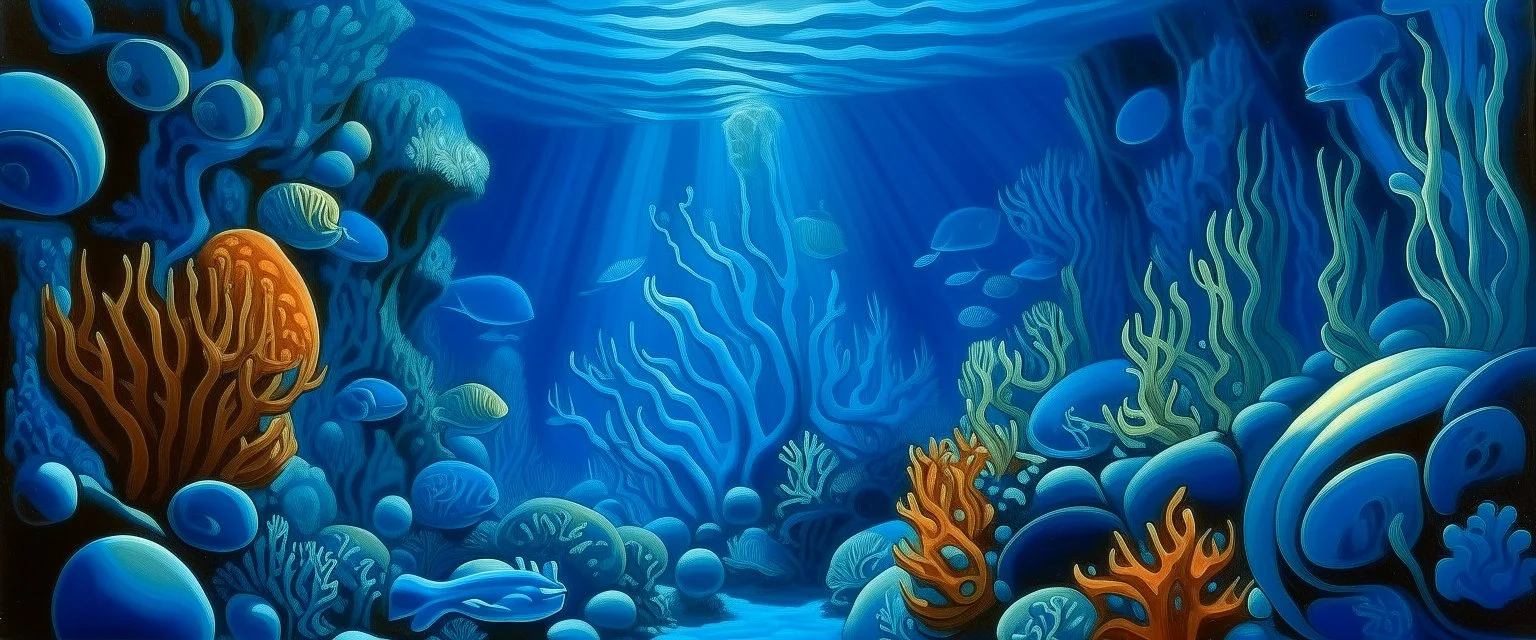 A blue underwater coral reef with a squid painted by Thomas Hart Benton