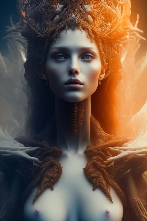 portrait photography of an ethereal beautiful animal goddess, Fire theme art, Dark moody night atmosphere, Portrait of a woman by Michelangelo, 8K, close-up face, anatomically perfect face, oak tree roots, ignore NSFW