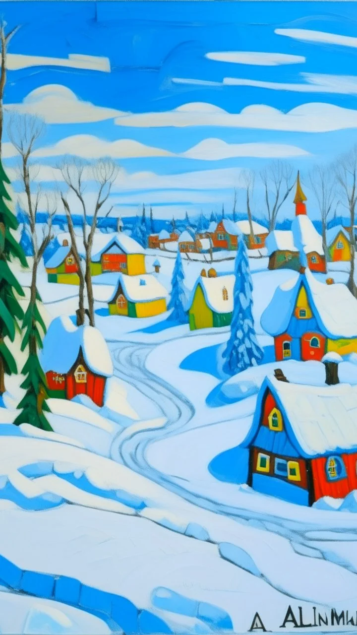 A sky blue snow covered Christmas themed Viking village designed in Scandinavian folk art painted by Alexej von Jawlensky