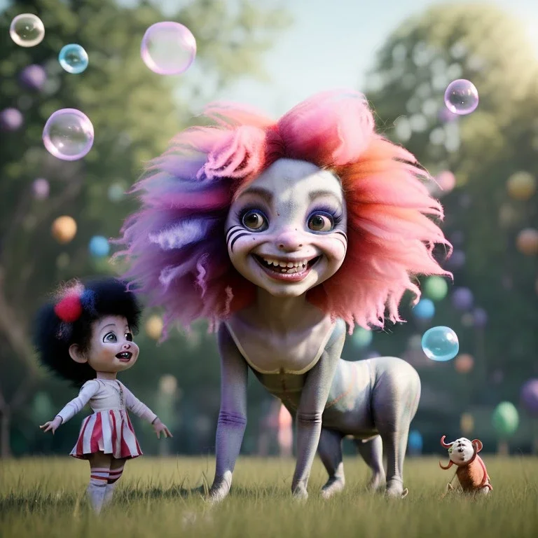 Ultra realistic circus scene. Sweet hair monster and Child’s playing, smile, happy, color bubbles, smooth color, waist up view, Wes Anderson style, dark ambient, highly detailed, concept art, unreal engine 5, god rays, ray tracing, RTX, lumen lighting, ultra detail, volumetric lighting, 3d, finely drawn, high definition, high resolution.