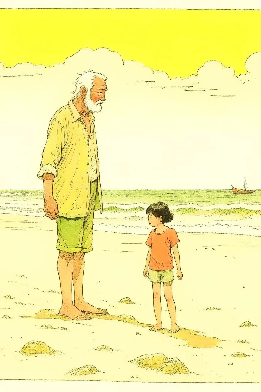 old man walking on beach with little child telling him about the wonders of life style of hiroku ogai